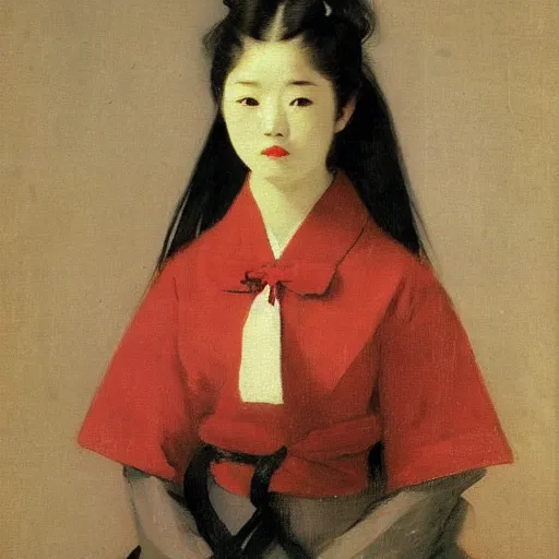 Image similar to Portrait of a japanese young lady with a long white hair and a red ribbon, Rim Lighting, Lantern, by Camille Corot