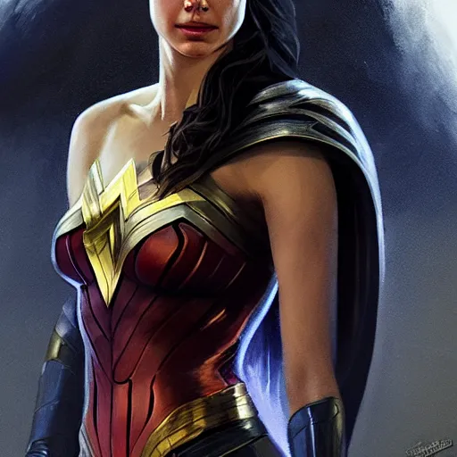 Image similar to a potrait of Gal Gadot as Kryptonian by Greg Rutkowski, Sung Choi, Mitchell Mohrhauser, Maciej Kuciara, Johnson Ting, Maxim Verehin, Peter Konig, Zack Snyder, 8k photorealistic, cinematic lighting, HD, high details, dramatic, trending on artstation, full body shot