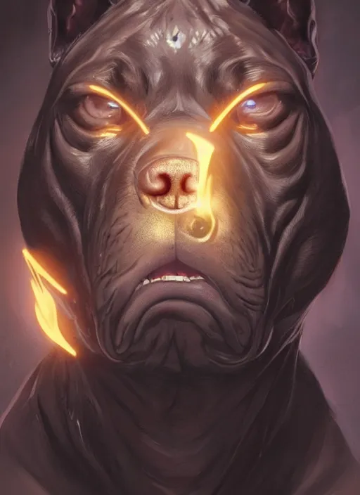 Image similar to vicious pitbull terrier with three heads and glowing eyes, sinister portrait, highly detailed, digital painting, artstation, concept art, matte, sharp focus, illustration, dramatic, cinematic hellburst, hearthstone, art by artgerm and greg rutkowski and alphonse mucha