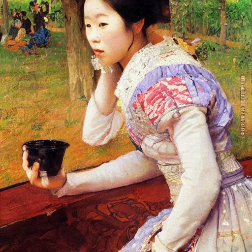 Image similar to portrait of asian beautiful woman watching smartphone masterpiece painting by vasnetsov and surikov, JEAN-VICTOR BERTIN, by Terence Cuneo, detailed, artfully traced, 4k resolution, cinematic