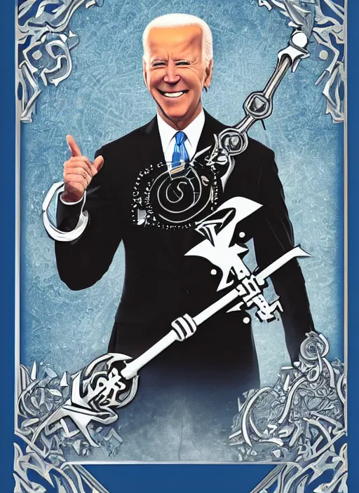 Image similar to joe biden as a kingdom hearts keyblade villain, official square enix tarot card, intricate design, high definition, delicate patterned, fashionable rpg clothing