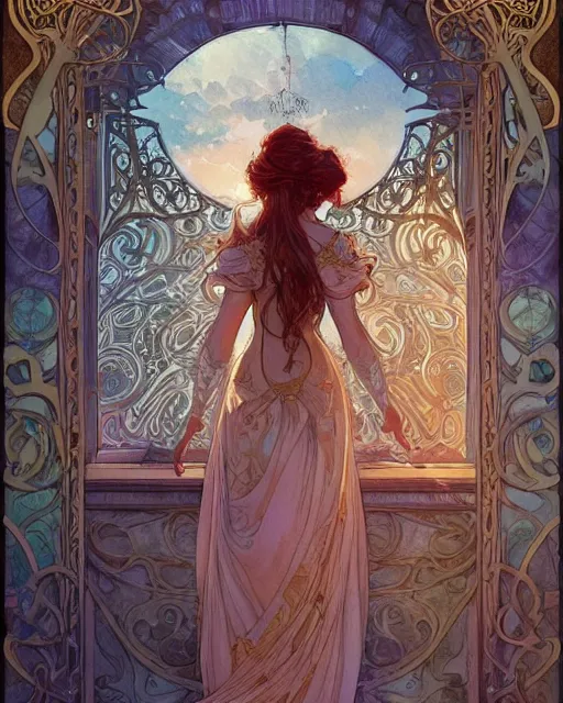 Image similar to secret romance, highly detailed, very intricate, art nouveau, gold filigree, romantic storybook fantasy, soft cinematic lighting, award - winning, disney concept art watercolor illustration by mandy jurgens and alphonse mucha and alena aenami, pastel color palette, featured on artstation