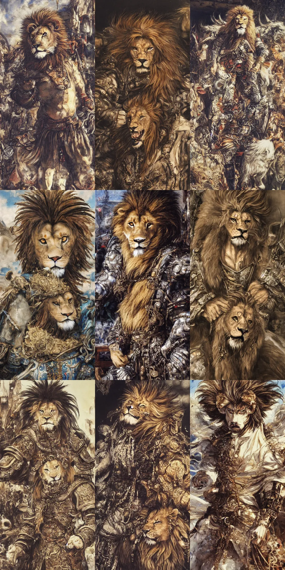 Image similar to 8 k yoshitaka amano painting of upper body of a young cool looking lion beastman with white mane at a medieval market at windy day. depth of field. he is wearing complex fantasy clothing. he has huge paws. renaissance style lighting.