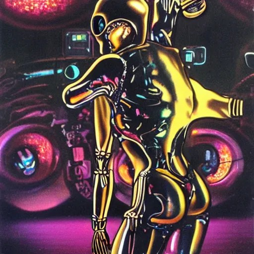 Prompt: 1 9 8 0's heavy metal album art, a shiny reflective detailed chrome android dancing with a skeleton wearing a skintight black latex bodysuit inside an alien nightclub, colorful lighting