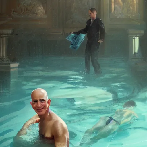 Image similar to jeff bezos swimming in a pool filled with cash, 4 k, photography, extremely detailed, digital art, trending on artstation, greg rutkowski, cinematic lighting, hyperrealistic