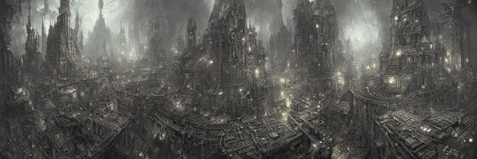 Prompt: grey and silver tones, Marc Simonetti, Mike Mignola, smooth liquid metal with detailed line work, Mandelbulb, Exquisite detail perfect symmetrical, silver details, hyper detailed, intricate ink illustration, golden ratio, city night, steampunk, smoke, neon lights, starry sky, steampunk city background, liquid polished metal, by peter mohrbacher