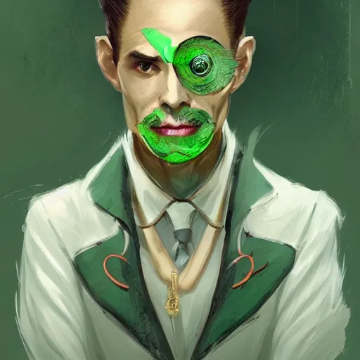 Image similar to male yuan - ti butler wearing monocle, elegant bard, d & d, one green eye, fantasy, portrait, greg rutkowski