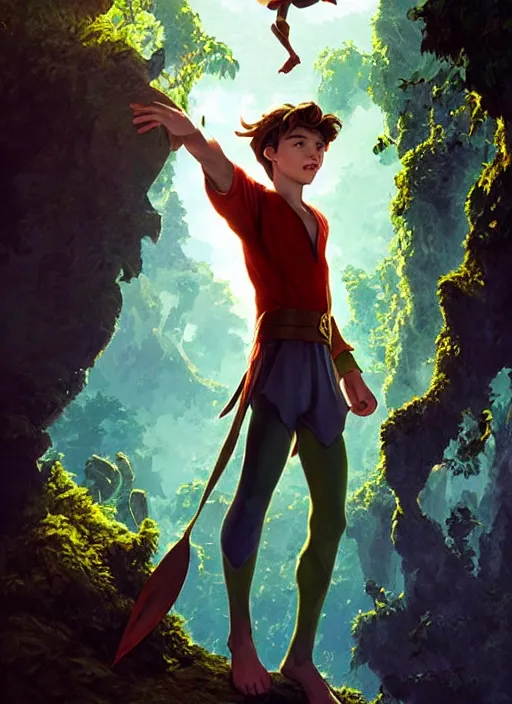 Image similar to skinny young tom holland as peter pan in neverland, dynamic lighting, path traced, atmospheric, highly detailed, high quality, beautiful painting, octane render, don bluth, ross tran, studio ghibli, alphonse mucha, jama jurabaev, extremely detailed, brush strokes, artstation, artgerm