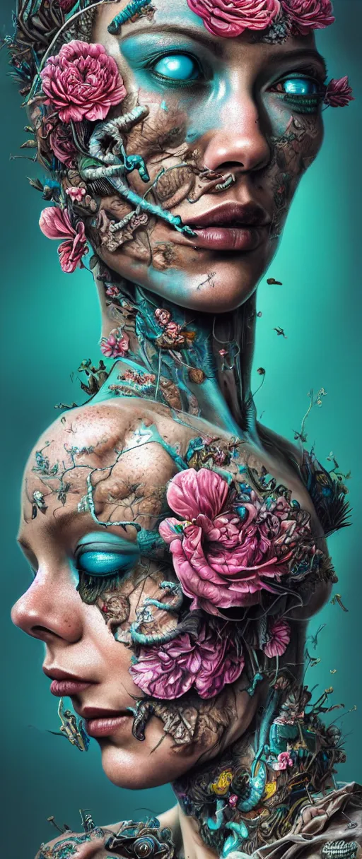 Prompt: hyperrealistic hyper detailed neo-surreal close-up 35mm side portrait of cyborg covered in rococo flower tattoos matte painting concept art hannah yata very dramatic dark teal lighting low angle hd 8k sharp shallow depth of field