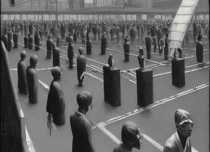 Image similar to crowd waiting in line, science fiction, Edward Hopper and James Gilleard, Zdzislaw Beksinski highly detailed