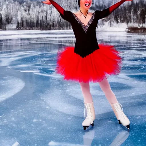 Prompt: ice skater in tutu dancing on icy pond on winter snowflake background