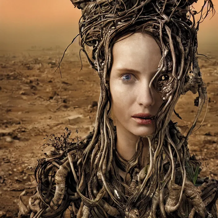 Image similar to closeup portrait of a cyborg woman with twisting roots and lilies growing out of her face, standing in a desolate apocalyptic city, by Annie Leibovitz and Steve McCurry, natural light, detailed face, CANON Eos C300, ƒ1.8, 35mm, 8K, medium-format print