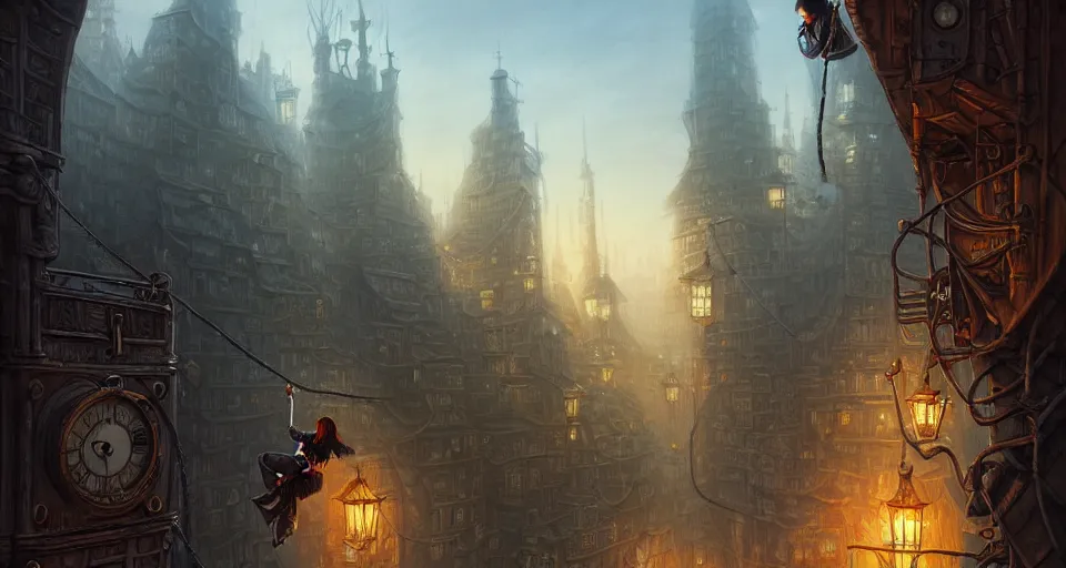 Image similar to landscape painting of a hooded thief in leathers using a rope to climb a tall metal steampunk buildings with a fantasy city, fine details, andreas rocha, magali villeneuve, artgerm, rutkowski