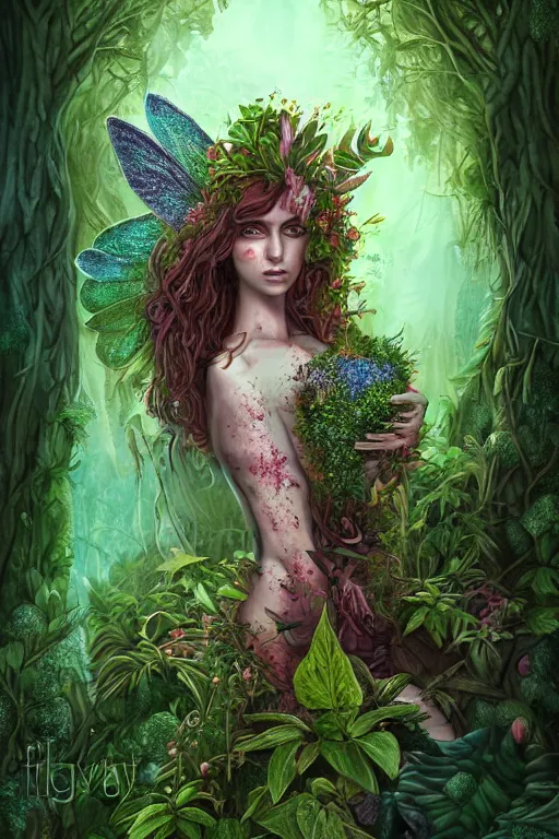 Image similar to book cover | plant fairy | digital painting | highly detailed | ultra realistic | dark fantasy | vivid colors | cinematic atmosphere | hyper detailed