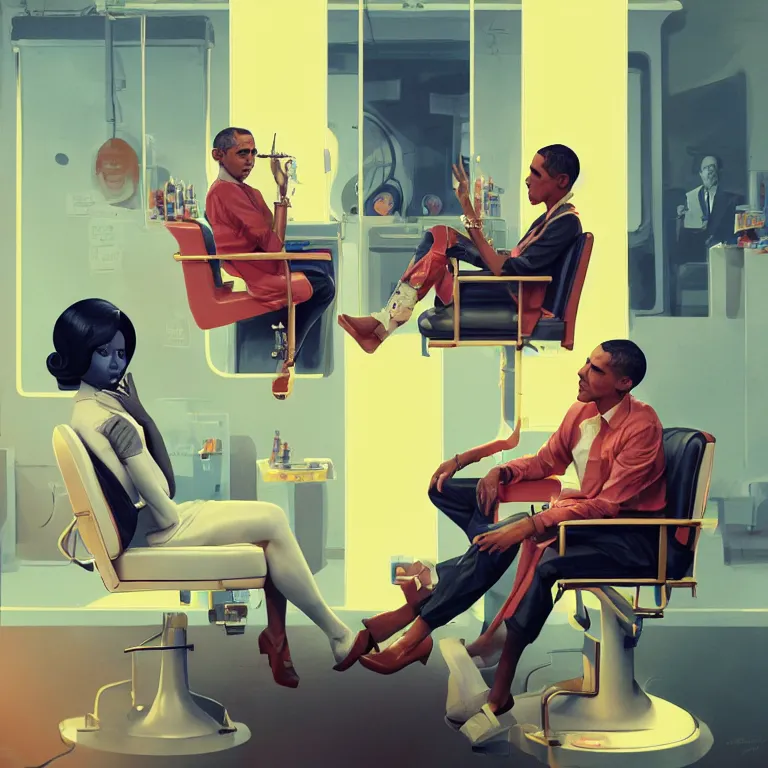 Image similar to tritone 1 9 6 0 s concept illustration portrait of nicki minaj sitting next to barack obama in a barbershop. cinematic scene. volumetric lighting. golden ratio accidental renaissance. by sachin teng and sergey kolesov and ruan jia and heng z. graffiti art, scifi, fantasy, hyper detailed. octane render. concept art. trending on artstation.