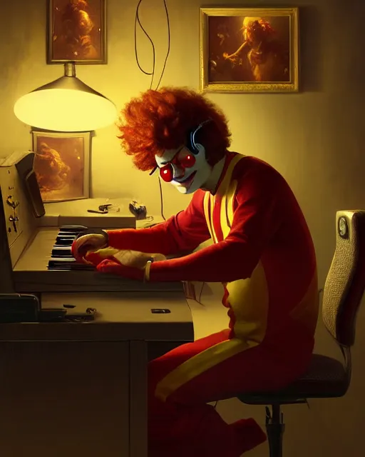 Image similar to ronald mcdonald with headphones at his home studio producing music late at night, very detailed, 4 k, concept art like ernest khalimov, intricate details, highly detailed by greg rutkowski, ilya kuvshinov, gaston bussiere, craig mullins, simon bisley