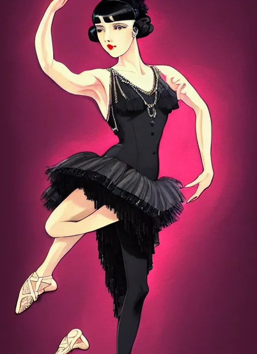 Image similar to a beautiful dancer with black hair in 1920's fashion, ballroom background, intricate, highly detailed, digital painting, artstation, official media, anime key visual, concept art, rich vivid colors, ambient lighting, sharp focus, illustration, art by Artgerm, Makoto Shinkai, Ilya Kuvshinov, Lois Van Baarle, and Rossdraws