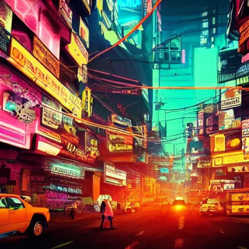 Prompt: A beautiful, neon lit, surreal, blade runner style India in a cyberpunk future setting