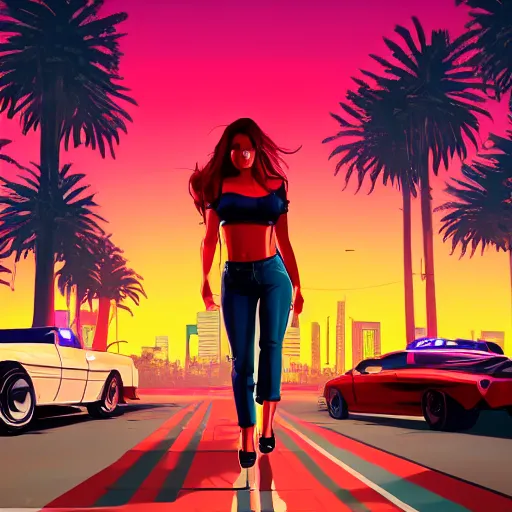 Prompt: a stunning GTA V loading screen with a beautiful woman with red hair blowing in the wind in the city at sunset, outrun, vaporware, neon lights, palm trees, retro, beautiful sky with cumulus couds, digital art, trending on artstation