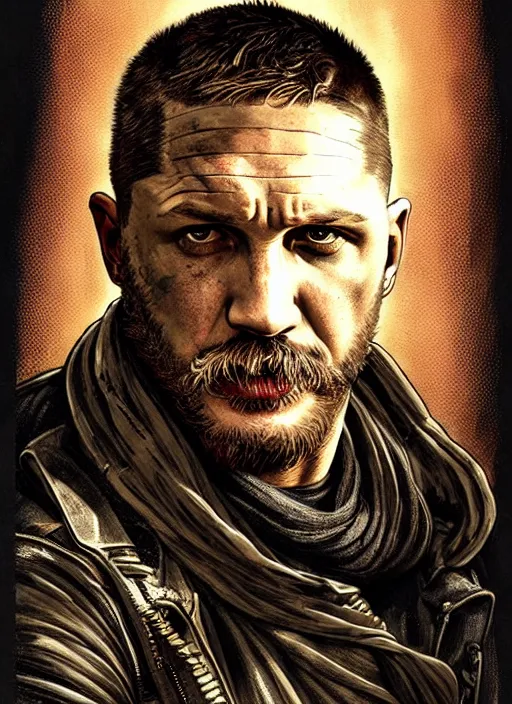 Prompt: portrait of Tom Hardy as a mechanic character in Mad Max: Fury Road, looking at camera, intricate, dystopian, sci-fi, extremely detailed, digital painting, artstation, concept art, smooth, sharp focus, illustration, soft lighting, incredible art by artgerm and greg rutkowski and alphonse mucha and simon stalenhag