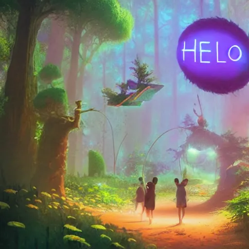 Image similar to a sign that says 'Hello World', fairy forest, by Beeple, RHADS, and Greg Rutkowski, trending on artstation, unreal engine, 4k, high quality render, digital art