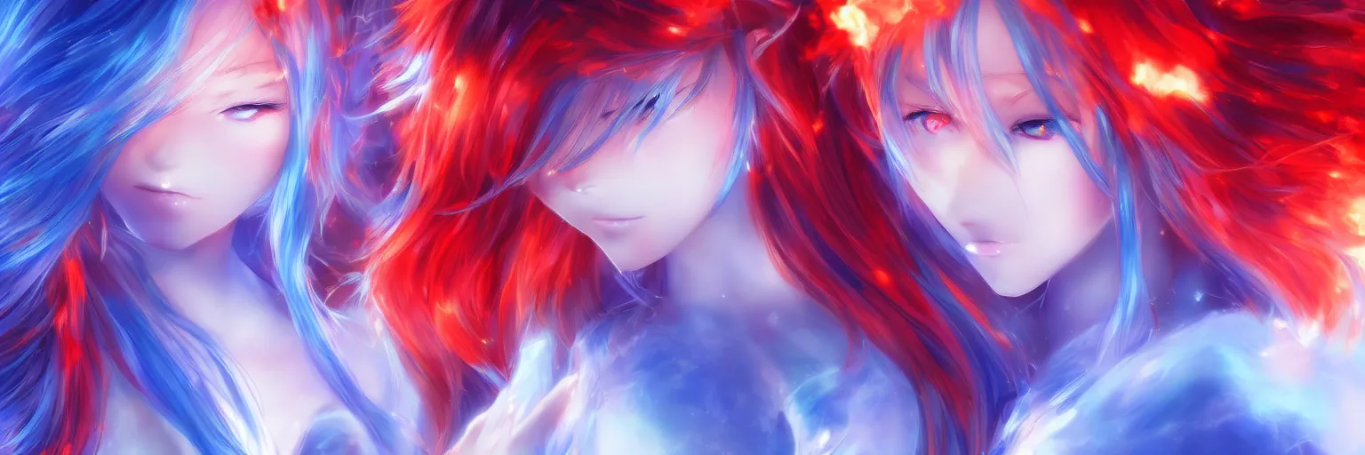 Image similar to advanced digital anime art, a very cute gorgeous teenage girl with a body made of fire and ice , full body, very long snow colored hair, sky blue highlights in hair, red fiery watery eyes, full round face, dramatic cinematic lighting, wideshot, highly intricately detailed, trending on pixiv, Artstation,