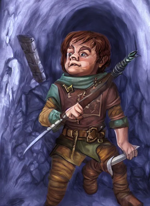 Image similar to A fantasy comic book roleplaying game style portrait painting of a halfling rogue sneaking in a cavern, DAZ, hyperrealistic, ambient light, dynamic light