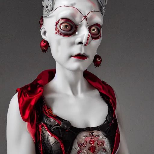 Prompt: red gothic cyborg victorian bizzare porcelain woman with artnouveau garment and ornaments sharp focus 8 k