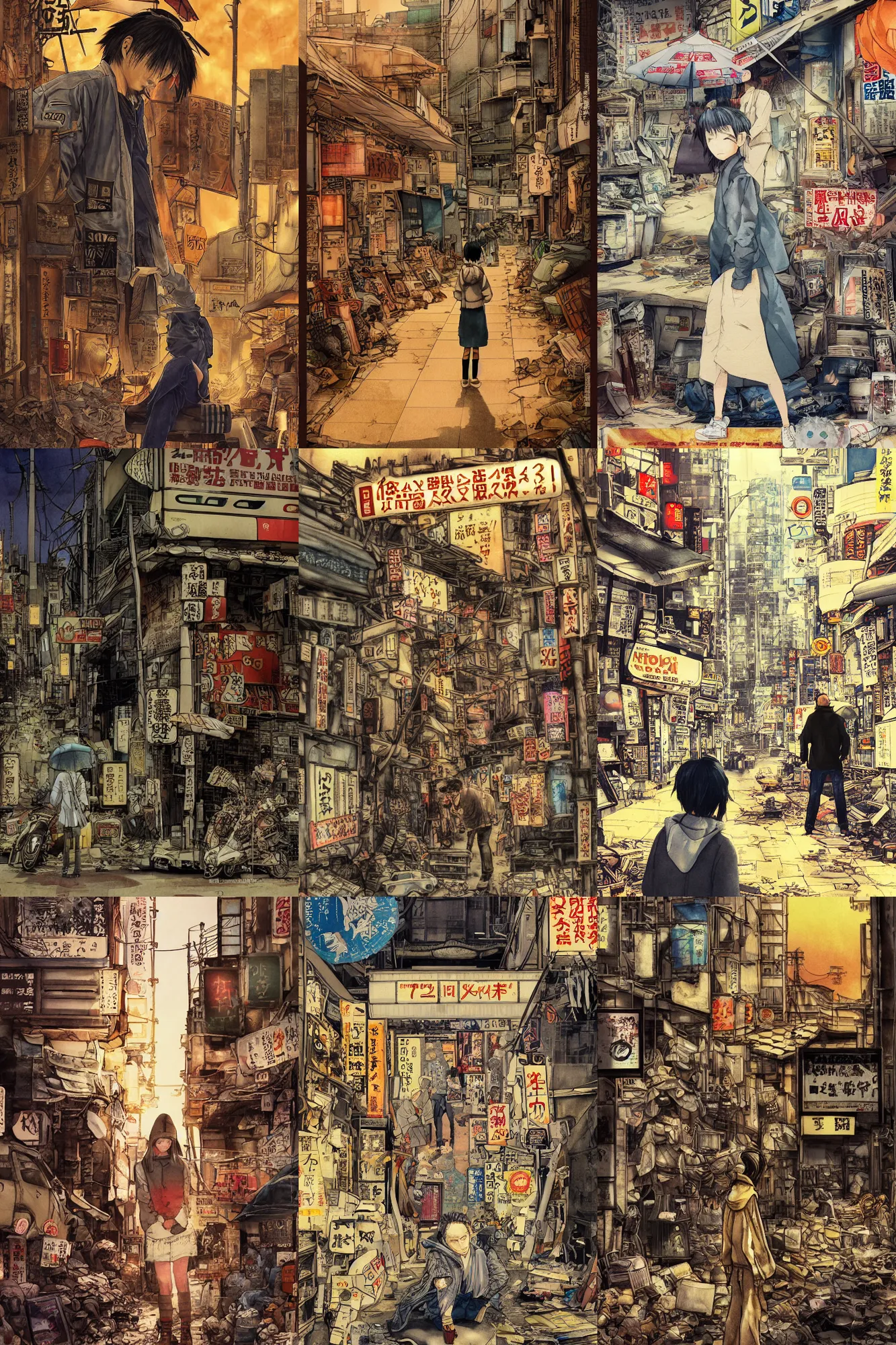 Prompt: tatsuyuki tanaka movie poster, genius party, shinjuku, koji morimoto, katsuya terada, masamune shirow, tatsuyuki tanaka, bold golden hour lighting, watercolor, paper texture, movie scene, distant shot of hoody girl side view sitting under a parasol in deserted dusty shinjuku junk town, old pawn shop, bright sun bleached ground ,scary chameleon face muscle robot monster lurks in the background, ghost mask, teeth, animatronic, black smoke, pale beige sky, junk tv, texture, strange, impossible, fur, spines, mouth, pipe brain, shell, brown mud, dust, bored expression, overhead wires, telephone pole, dusty, dry, pencil marks, hd, 4k, remaster, dynamic camera angle, deep 3 point perspective, fish eye, dynamic scene