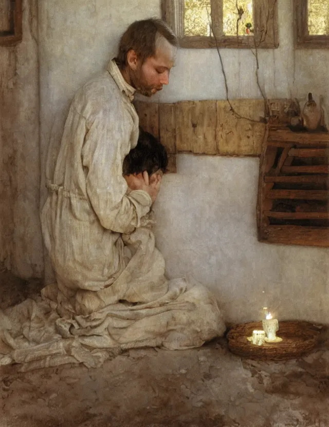 Image similar to peasant boy praying in country house, cottage core, cinematic focus, polaroid photo bleached vintage pastel colors high - key lighting, soft lights, foggy, by steve hanks, by lisa yuskavage, by serov valentin, by tarkovsky, detailed, oil on canvas