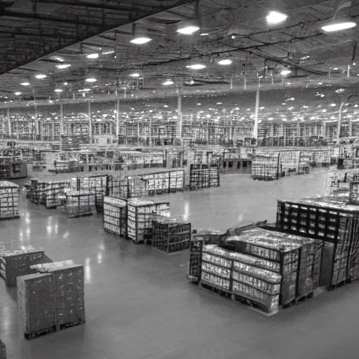 Image similar to 3 5 mm photo of the inside of an amazon warehouse at night