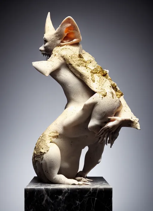 Prompt: marble statue of a vampire bat, cracks filled with gold, beautiful studio lighting