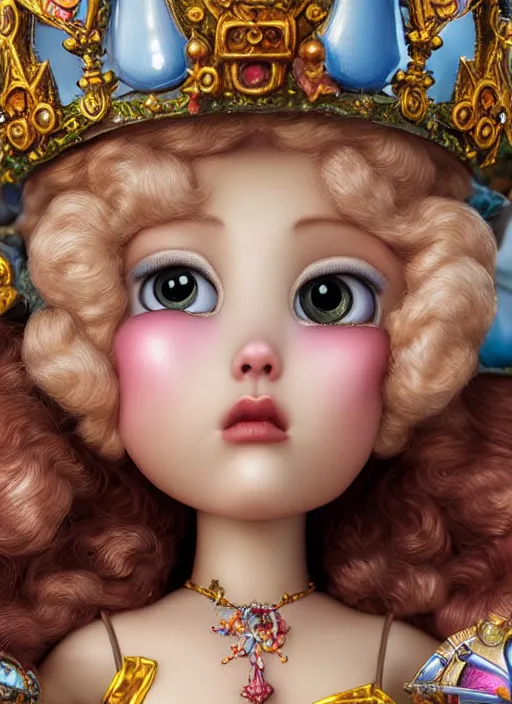 Image similar to highly detailed closeup, face profile portrait of a tin toy fairytale princess wearing a crown, bikini, unreal engine, nicoletta ceccoli, mark ryden, earl norem, lostfish, global illumination, detailed and intricate environment