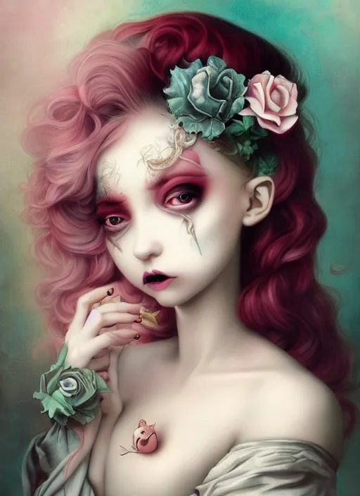 Image similar to pop surrealism, lowbrow art, realistic cute girl painting, japanese street fashion, hyper realism, muted colours, rococo, natalie shau, loreta lux, tom bagshaw, mark ryden, trevor brown style,