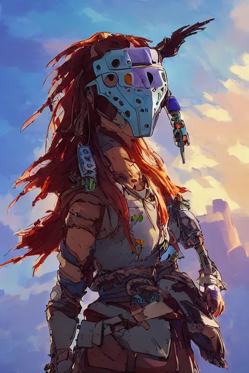 Image similar to combination suit armor aloy horizon forbidden west horizon zero dawn robot ninja mask helmet backpack tribal, art gta 5 comics, official fanart behance hd artstation by jesper ejsing, by rhads, makoto shinkai and lois van baarle, ilya kuvshinov, ossdraws radiating a glowing aura cgi rtx 2 0 2 2