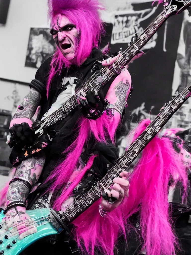 Image similar to a singular Punk rock Frankenstein with a pink mohawk playing guitar