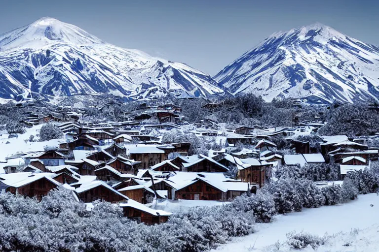 Image similar to cottege settlement with lots of trees on the foot of the Elbrus mountain mountain covered by snow, architecture, matte painting, high details, ecofuturism,