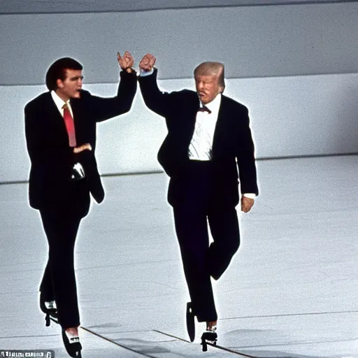 Prompt: joe biden and donald trump rollerskating together in the 1 9 7 0 s, movie still