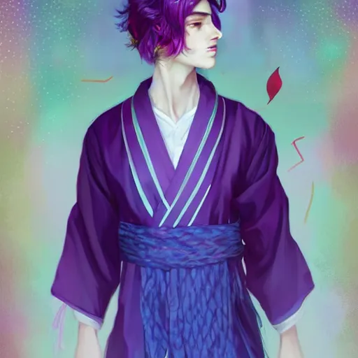 Image similar to colorful and festive captivating teenager boy with straight indigo hair, purple eyes with red eye markers, slim body, wearing a detailed japanese kimono. rich vivid colors, ambient lighting, dynamic lighting, 4 k, atmospheric lighting, painted, intricate, highly detailed by charlie bowater