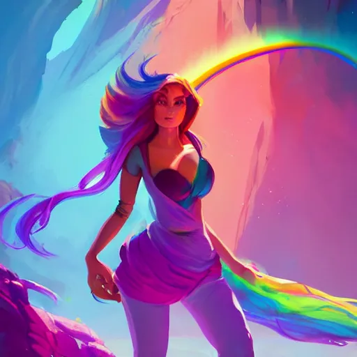 Image similar to beautiful woman with rainbow hair, maya ali mage, gloomhaven, dynamic lighting, gaudy colors, octane render aesthetic, matte painting concept art, official fanart behance hd artstation by jesper ejsing, by rhads and makoto shinkai and lois van baarle and ilya kuvshinov and rossdraws