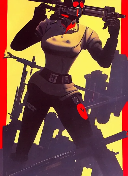 Prompt: soviet propaganda poster. cyberpunk assassin. portrait by jean giraud and anton otto fischer and john philip falter and will eisner and gil elvgren. realistic proportions. tf 2, overwatch.