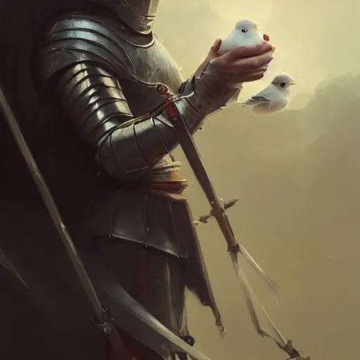 Prompt: a knight holding a small white bird carefully,digital art,ultra realistic,ultra detailed,art by greg rutkowski,cinematic,detailed face