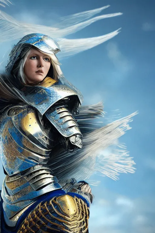 Image similar to realistic detailed photo of ladyhawke, soaring through the sky, blue eyes, woven armour with , intricate complexity, Behance, golden ratio, fibanci background, vray, rich deep colors