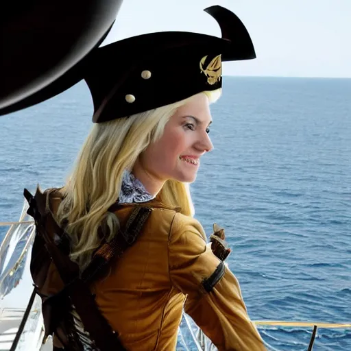 Prompt: a fierce, smiling, beautiful, friendly, calm, blonde, well - dressed, steampunk, covered, armed, pirate captain, standing on the deck of her ship gazing at the horizon in 1 7 3 0, sideview, zoom out, detailed, realistic