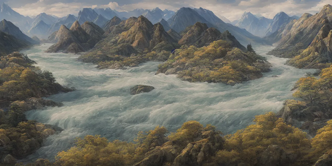 Prompt: a beautiful painting of a scene about a panorama of rivers and mountains, by xun ren and james jean, trending on artstation., ultrawide viewn and highly detailed matte painting