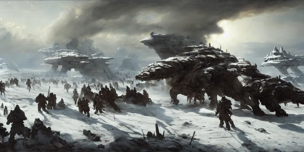 Image similar to the battle of hoth painted by jan matejko and grzegorz rutkowski. oil on canvas, sharp focus, cinematic atmosphere, detailed and intricate, perfect anatomy, detailed and intricate environment and characters