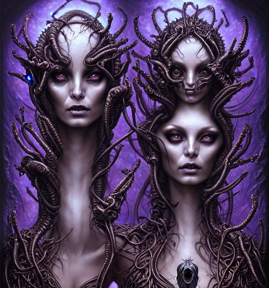 Image similar to A beautiful detailed alien goddess woman with 6 arms super dark tarot card, gorgeous model face by Stanley Artgerm, by tomasz alen kopera and Justin Gerard, 4 eyes, beautiful symmetrical features, ominous, magical realism, melting, texture, intricate, ornate, royally decorated, melting, whirling smoke, embers, purple adornments, blue torn fabric, radiant colors, fantasy, trending on artstation, volumetric lighting, micro details, 3d sculpture, ray tracing, 8k, anaglyph effect