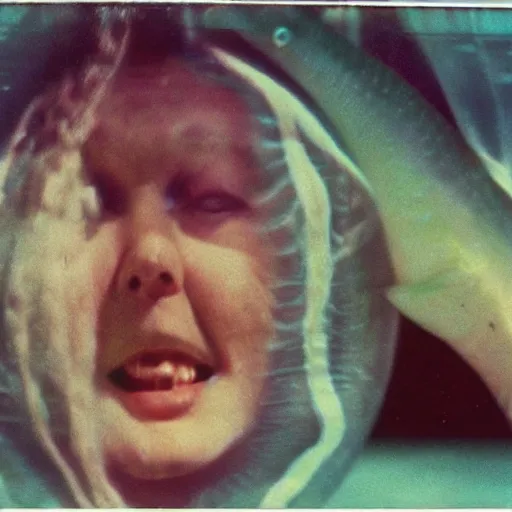 Prompt: surprised woman who has given birth to an inflatable fish, Tarkovsky film, archival footage, technicolor film expired film live-action, 16mm