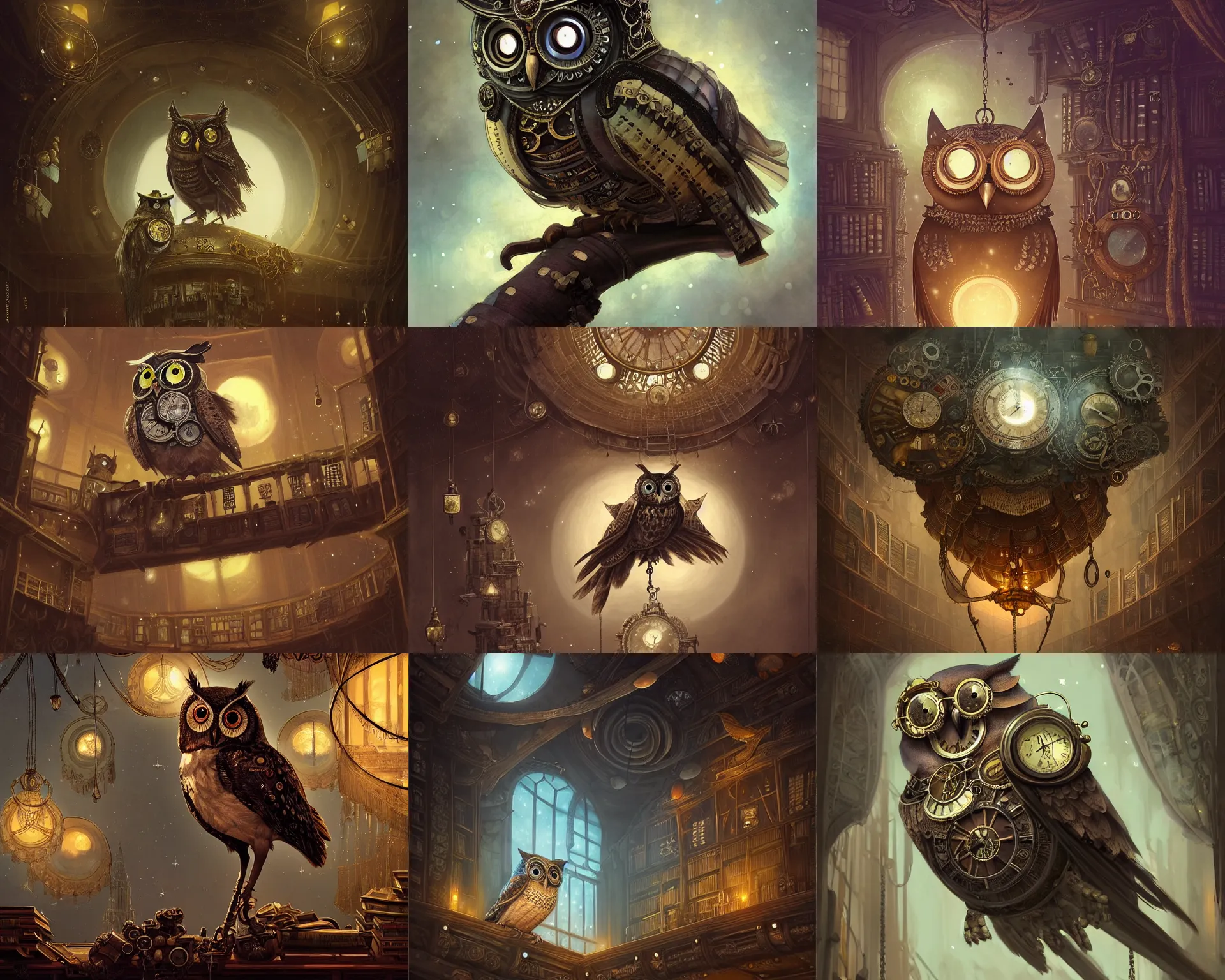 Prompt: steampunk owl with a polygonal library walls and glass ceilings showing the stars and hanging silk drapery and tapestries, light dust, magnificent, close up, details, sharp focus, elegant, highly detailed, illustration, by Jordan Grimmer and greg rutkowski and PiNe(パイネ) and 薯子Imoko and 香川悠作 and wlop and maya takamura, intricate, beautiful, Trending artstation, pixiv, digital Art