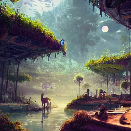 Prompt: solarpunk utopia where happy people and animals live in high - tech harmony with nature soft colors, intricate, smooth, sharp focus, digital painting, cinematic, unreal engine, 4 k wallpaper